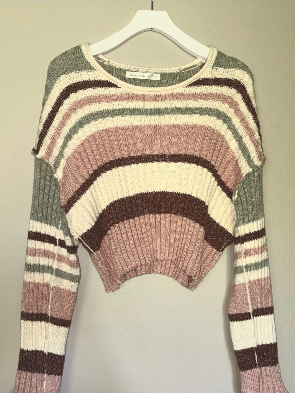 NWOT Altar'd State Striped Cropped Crew Sweater in Pink, Cream Burgundy & Sage
